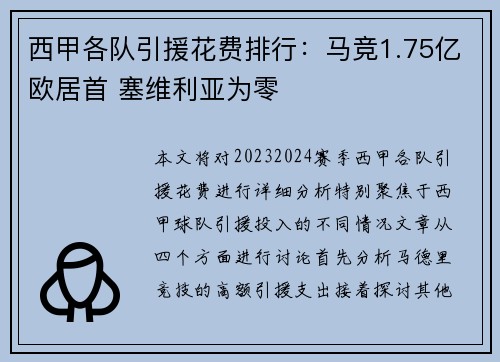 西甲各队引援花费排行：马竞1.75亿欧居首 塞维利亚为零