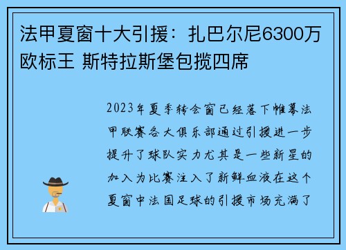 法甲夏窗十大引援：扎巴尔尼6300万欧标王 斯特拉斯堡包揽四席